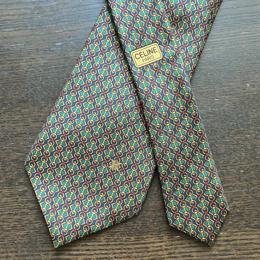 Celine Geometric Silk Tie in Green and Red